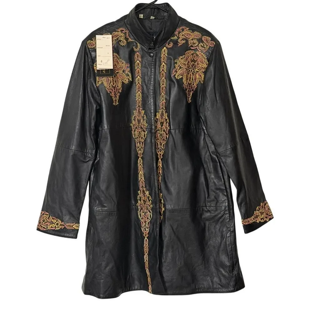 Italiano Vintage Black Leather Embroidered Jacket Size 14